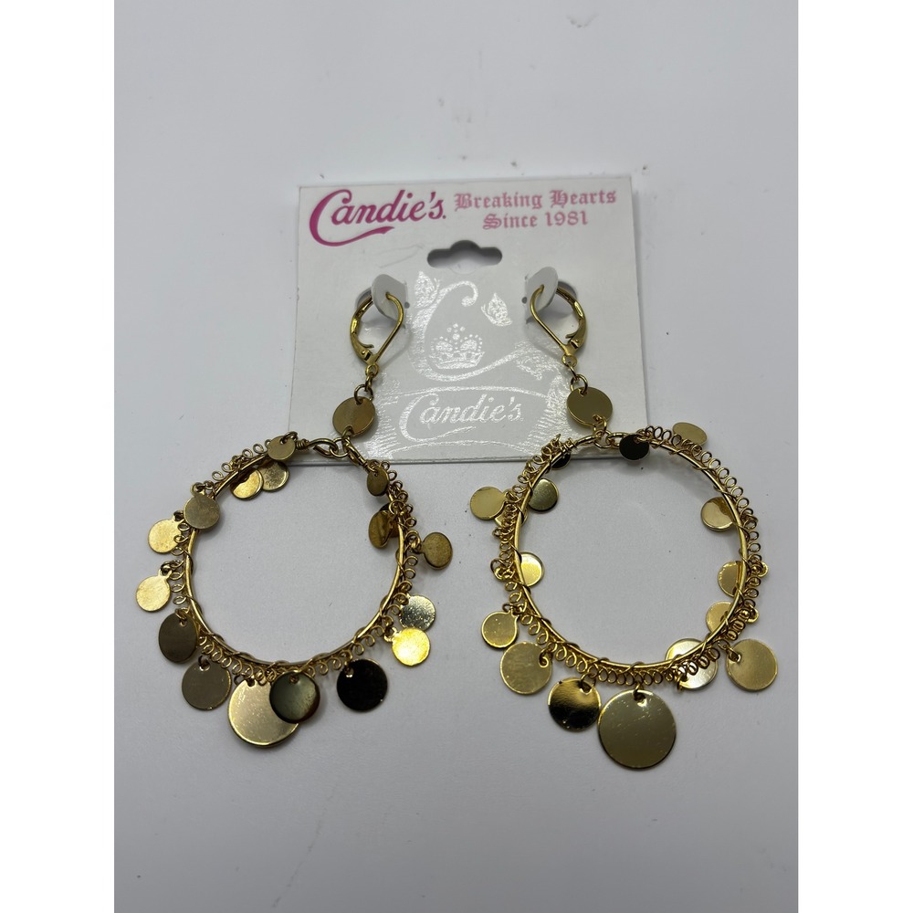 Candies Gold Tone Hoop Earrings with Dangling Disc Charms Boho Statement Jewelry